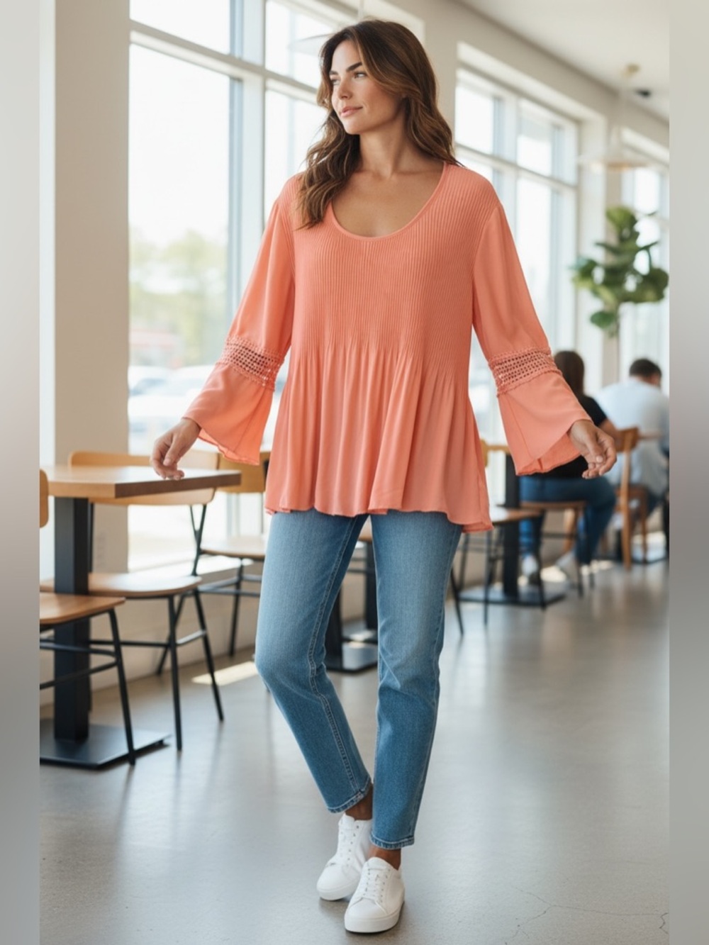 Cato Coral Bell-Sleeve Peplum Tunic